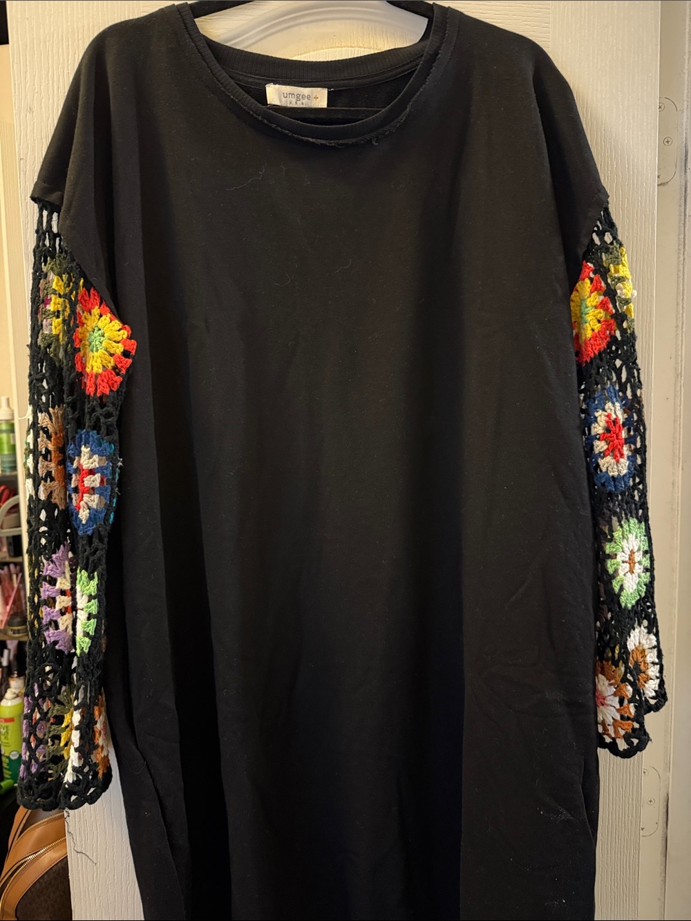 Umgee Black Tunic with Multicolor Crochet Openwork Sleeves